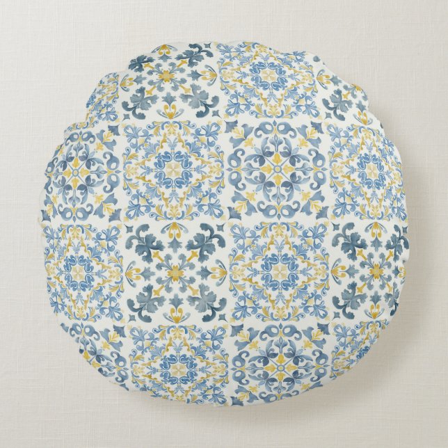 Cojín Redondo Blue Tile Lemon (Anverso)