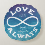 Cojín Redondo Blue Watercolor Infinity Love Boda Date, Nombres<br><div class="desc">¡Celebra el amor infinito entre tu novia y novio favoritos con esta almohada redonda de personalizable! Un símbolo de infinito blanco y un texto de "Amor Siempre" rodean los nombres de una pareja y la fecha boda en un fondo de acuarela pintado en tonos azules y morados. Hace un regalo...</div>