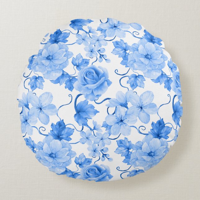 Cojín Redondo Blue & White Chinoiserie Floral Botanical Print (Anverso)