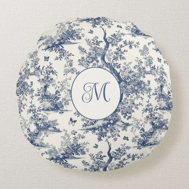 Cojín Redondo Blue White Garden Butterfly French Toile (Anverso)