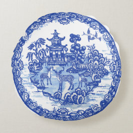 Cojín Redondo Blue Willow Deer Herd Antique Pagoda Phoenix