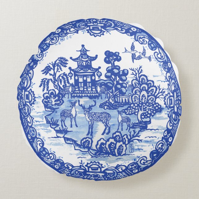 Cojín Redondo Blue Willow Deer Herd Antique Pagoda Phoenix (Anverso)