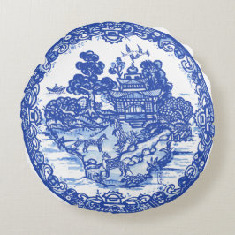 Cojín Redondo Blue Willow Fox Foxes Floral Antiguo Pagoda Bird