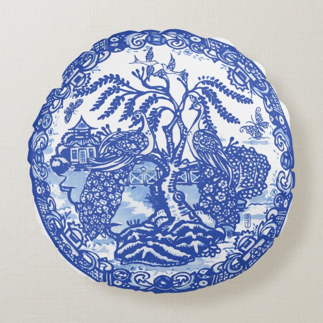 Cojín Redondo Blue Willow Peacock Island Asia Temple Garden Art (Anverso)
