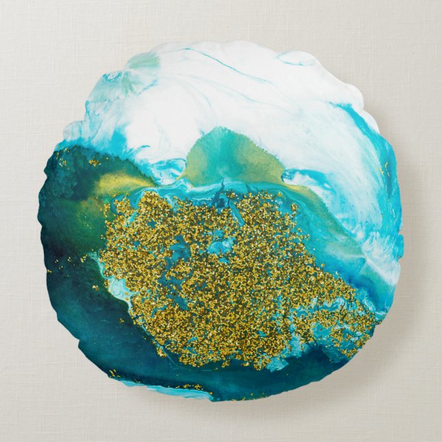 Cojín Redondo Blue with gold glitter fluid art, creative abstrac (Anverso)