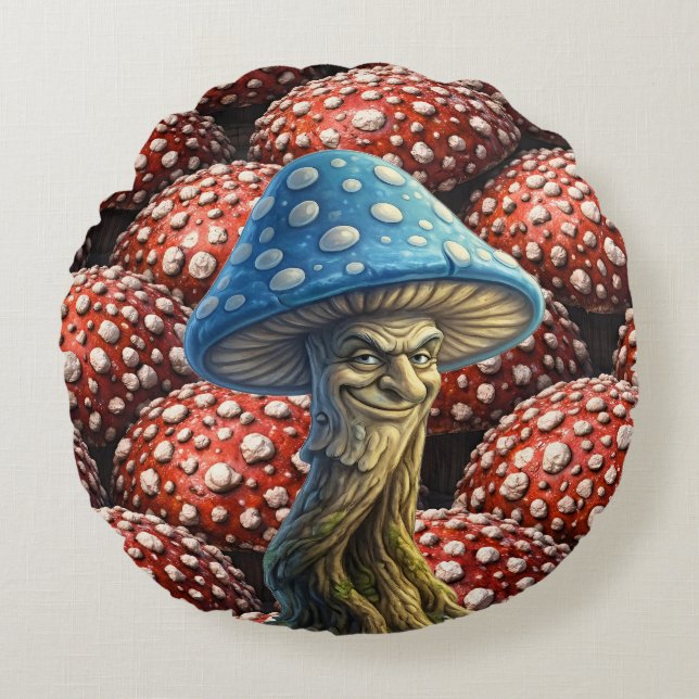 Cojín Redondo Blue wizard, mushroom whimsical forest fantasy (Anverso)