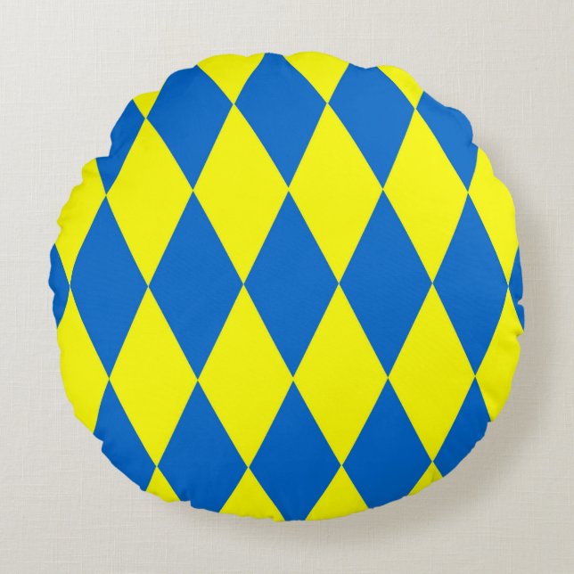 Cojín Redondo Blue Yellow Harlequin Checkered Design  (Anverso)
