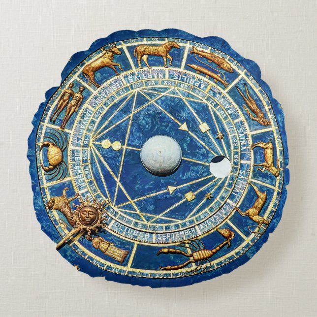 Cojín Redondo Blue Zodiac Astrología Nacimiento / Sun Rótulos Es (Anverso)