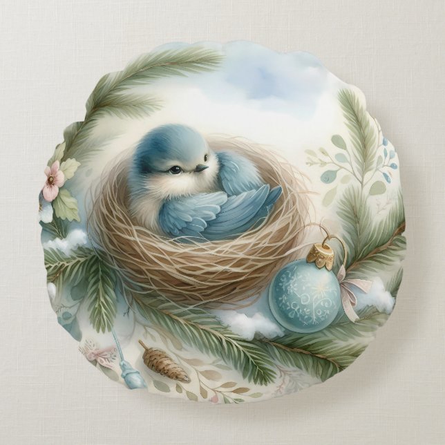 Cojín Redondo Bluebird Nest with Ornaments in Winter Pines (Anverso)