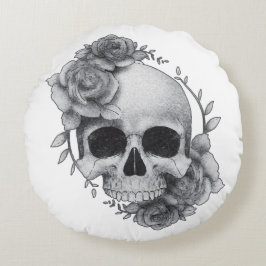 Cojín Redondo Boceto de Calavera y Rosas