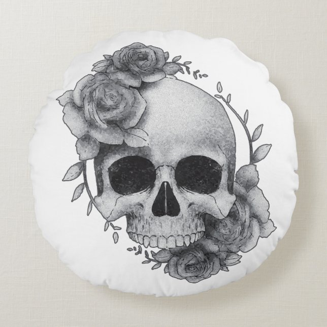 Cojín Redondo Boceto de Calavera y Rosas (Anverso)