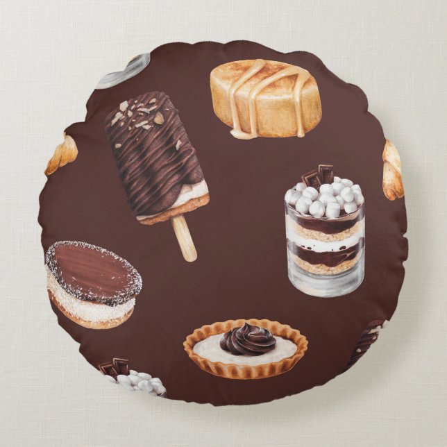Cojín Redondo boceto de comida deliciosos postres y pasteles (Anverso)