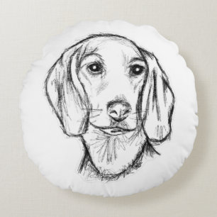 Cojín Redondo boceto de perro salchicha dibujado a mano en negro