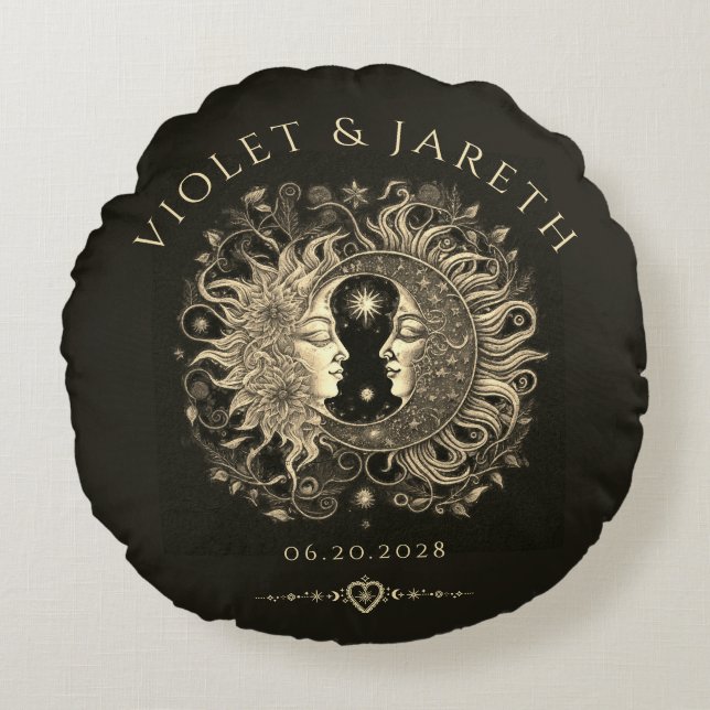 Cojín Redondo Boda de las estrellas celestes de la luna solar (Anverso)