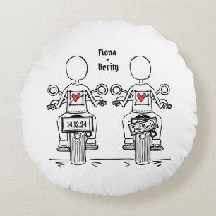Cojín Redondo Boda de motocicleta de dos novias