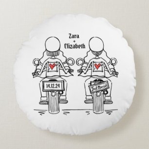 Cojín Redondo Boda de motocicleta de dos novias
