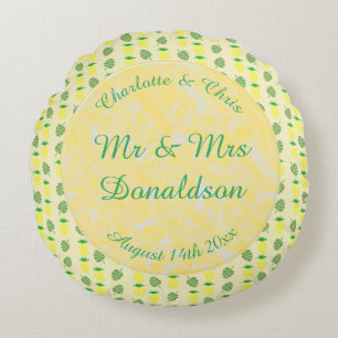 Cojín Redondo Boda de verano tropical Piña y hojas de palmera