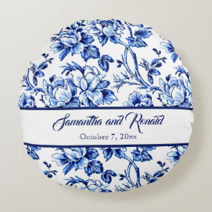 Cojín Redondo Boda Floral Azul y Blanco