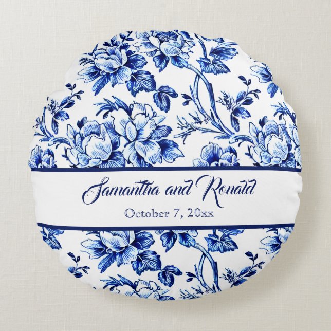 Cojín Redondo Boda Floral Azul y Blanco (Anverso)