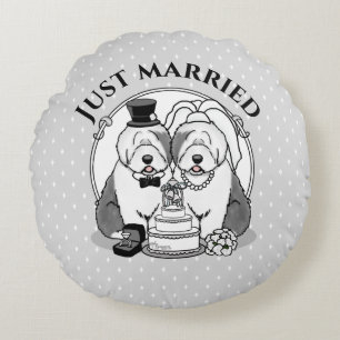 Cojín Redondo Boda Old English Sheepdogs Novia Novio Gris 1