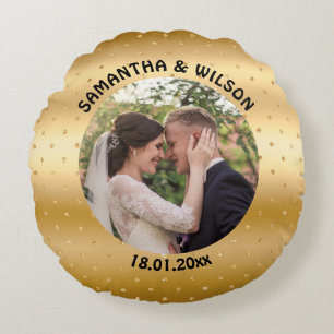 Cojín Redondo Boda personalizado   Fondo de oro Purpurinoso