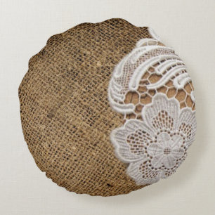 Cojín Redondo bohemia rústica de campo occidental, burlap y lace