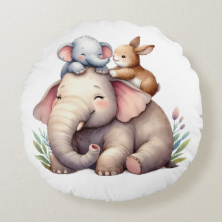 Cojín Redondo Boho Baby Room Decor | Elephant and baby bunny | 