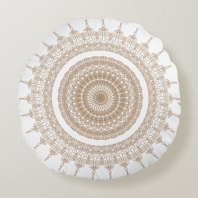 Cojín Redondo Boho blanco bohemiano de Mandala (Anverso)