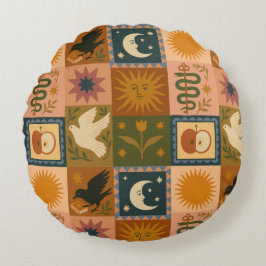 Cojín Redondo Boho Celestial | Sol y luna retro