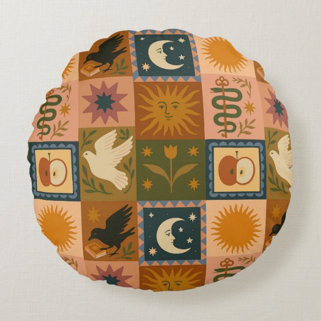 Cojín Redondo Boho Celestial | Sol y luna retro (Anverso)