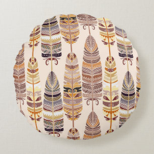 Cojín Redondo Boho Feathers: Patrón tribal de Seamless