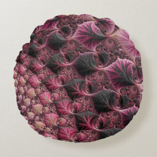 Cojín Redondo Boho Funky Ecléctico Rosa Negro Resumen Fractal