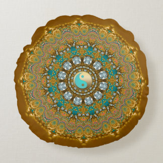 Cojín Redondo Boho Gold Turquesa Yin Yang Joya Mandala