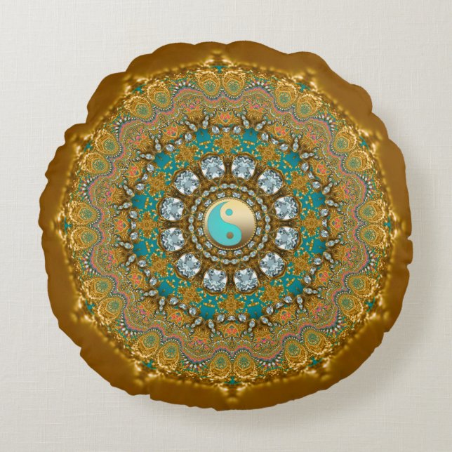 Cojín Redondo Boho Gold Turquesa Yin Yang Joya Mandala (Anverso)
