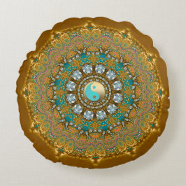 Cojín Redondo Boho Gold Turquoise Yin Yang Jewel Mandala