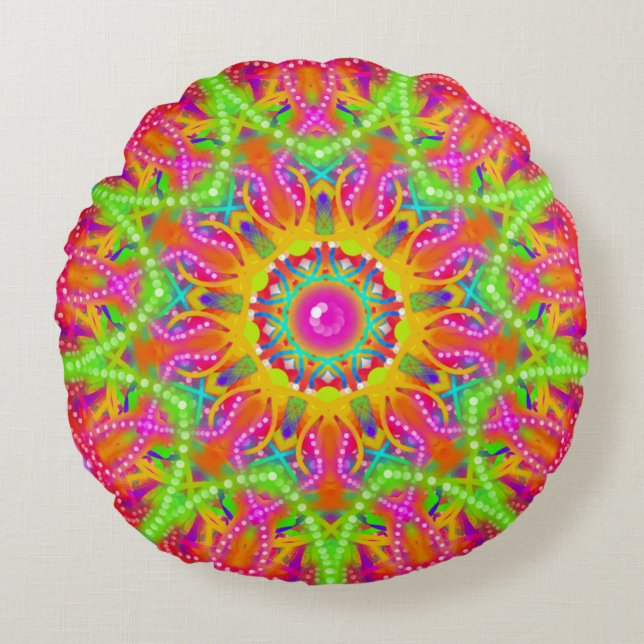 Cojín Redondo Boho Lime Green Star Mandala (Anverso)