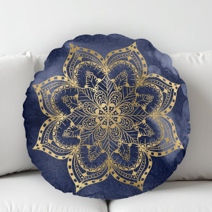 Cojín Redondo Boho Mandala Dorado Azul Marino Tinta Textura