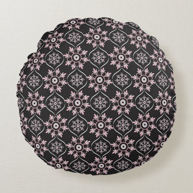 Cojín Redondo Boho Mandala Rosa y Negro (Anverso)