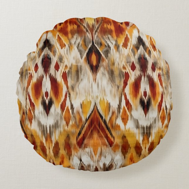 Cojín Redondo Boho moderno Neutral Naranja marrón Ikat Tribal (Anverso)
