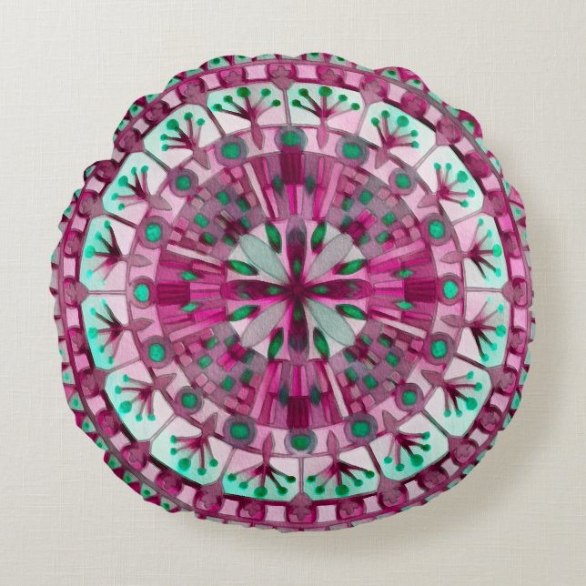 Cojín Redondo Boho Mosaic Tile Pink Berry - (Anverso)
