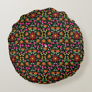 Cojín Redondo Boho Naranja floral verde rosado negro