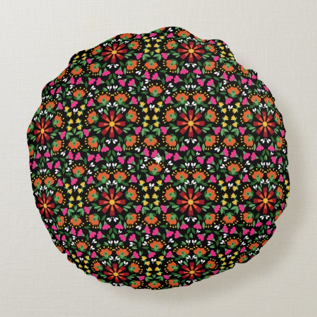 Cojín Redondo Boho Naranja floral verde rosado negro (Reverso)