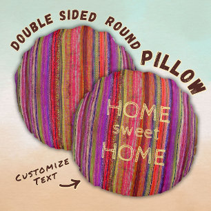 Cojín Redondo Boho Personalizado Vintage Rojo Violeta Rayas - 
