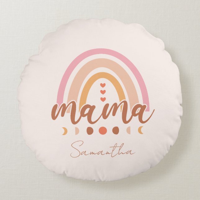 Cojín Redondo Boho Rainbow Mama con las fases lunares (Anverso)