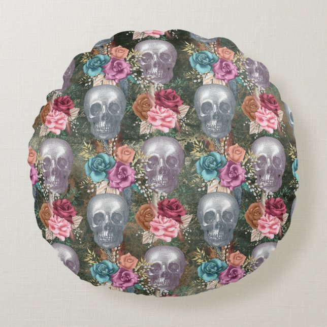 Cojín Redondo Boho Skull con flores (Anverso)