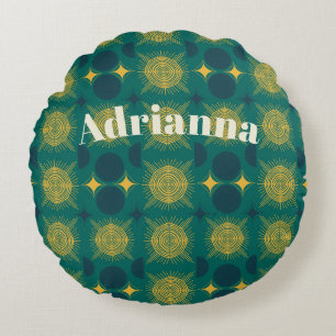 Cojín Redondo Boho Sun Moon Stars bebé Verde azulado Amarillo pe