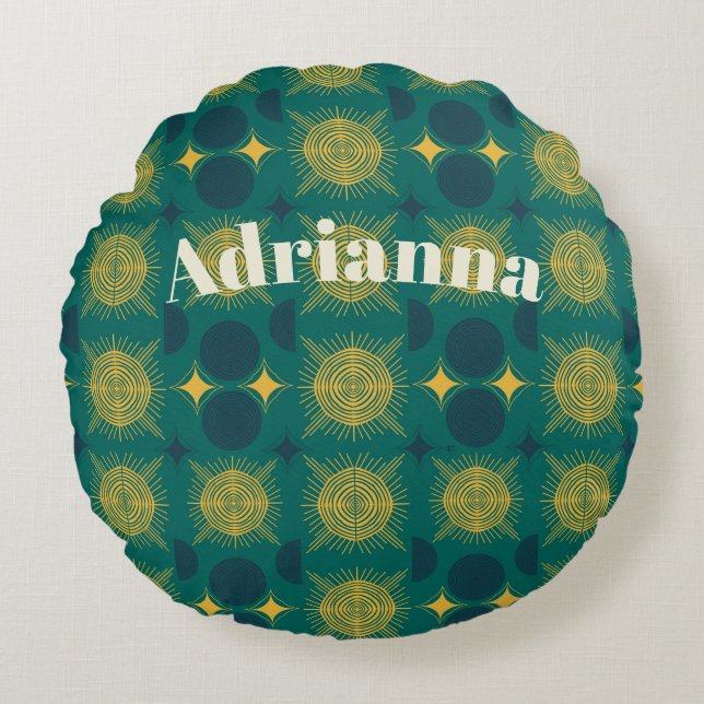 Cojín Redondo Boho Sun Moon Stars bebé Verde azulado Amarillo pe (Anverso)