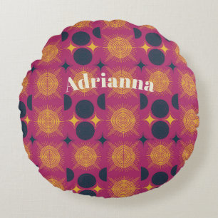 Cojín Redondo Boho Sun Moon Stars Pink Blue Yellow Personalizado