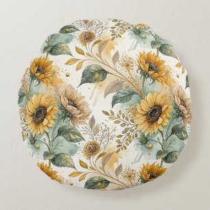 Cojín Redondo Boho Sunflowers Watercolor Gold