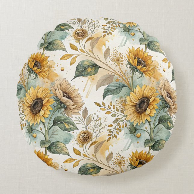 Cojín Redondo Boho Sunflowers Watercolor Gold (Anverso)